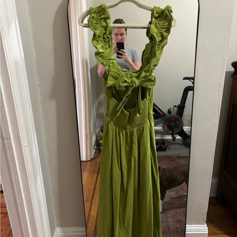 Free People Olive Green Ruffle-Trim Midi Dress